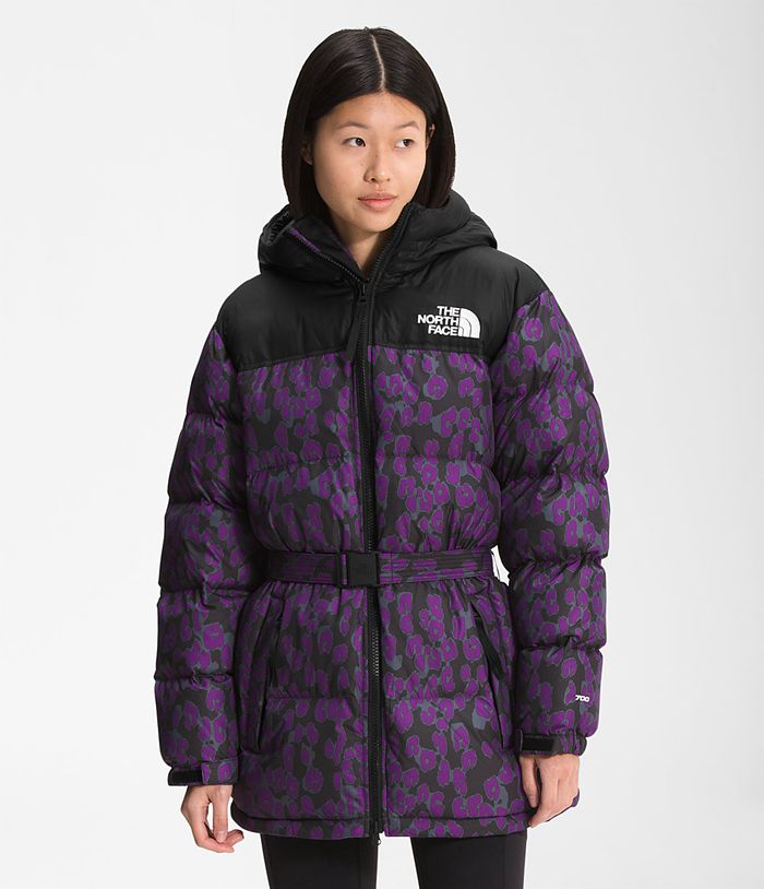 The North Face Puffer Jacket Printed Nuptse Belted Mid Purple/Leopard - Womens - Thailand USFHG-1345